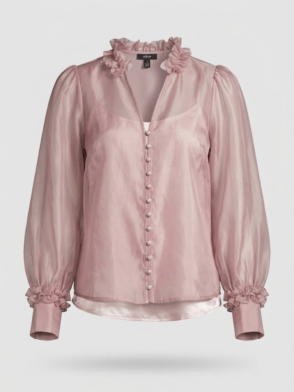 Aqua Dusty Rose Satin Pearl-Button Blouse, Size XXS